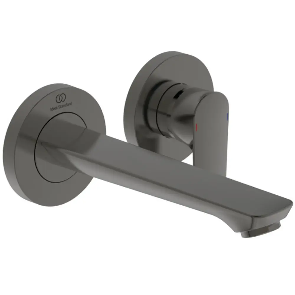 Wandarmatur in Magnetic Grey von Ideal Standard mit einem langen Auslauf. Enthält kalte und warme Wasserregler in Rot und Blau.